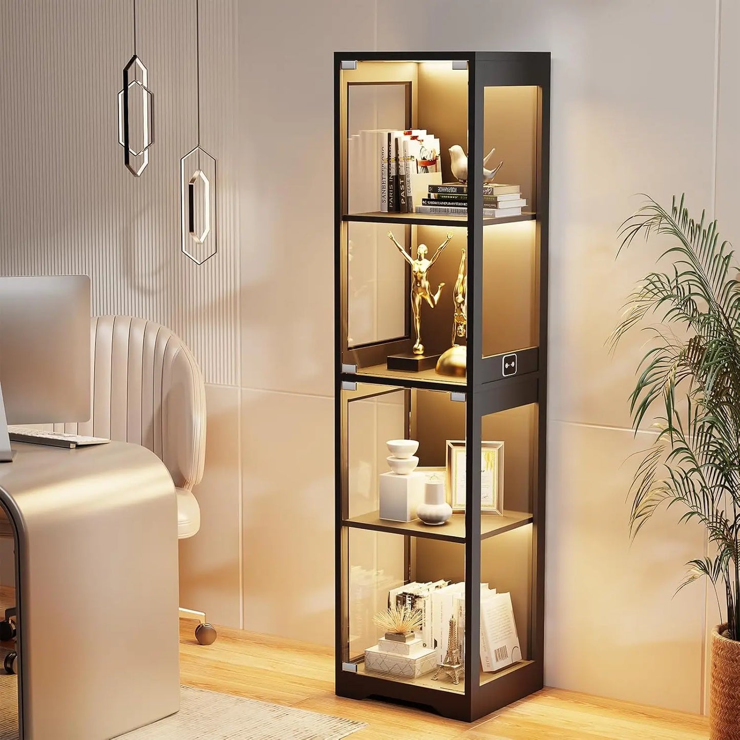 4-Tier Glass Display Cabinet with 3 Color LED Lights & Human Body Sensor for Collectibles, Books, Figurines - Black