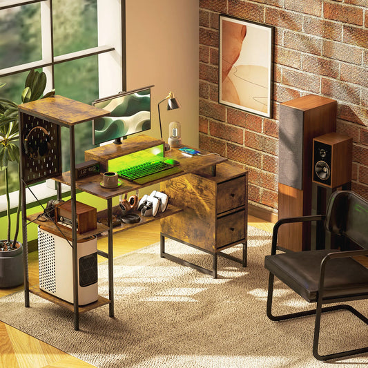 56" Computer Desk with Storage, Computer Table with Power Outlets and Led Lights, Black