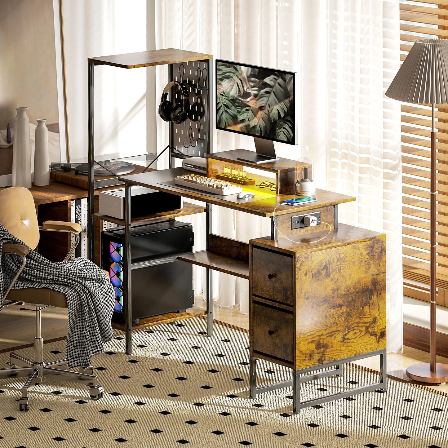 56" Computer Desk with Storage, Computer Table with Power Outlets and Led Lights, Black