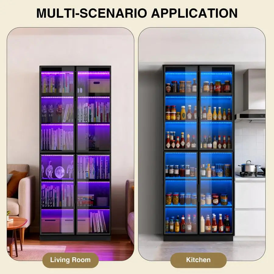 Display Cabinet,78 Inch High Bookshelf, MultiColor LED Ambient Lighting, 6Story Large Storage Space, Transparent Tempered Glass