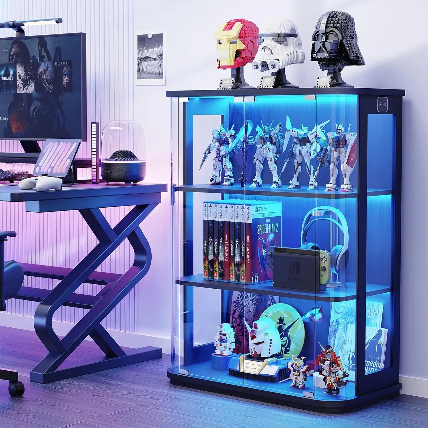 Rounded Display Cabinet with Glass Door, 3-Tier Curio Cabinet with 3 Color Lights for Collectibles, Glass Display, Customized