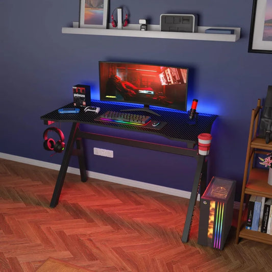 47" Gaming Desk with Carbon Fiber Texture, Cup Holder & Headphone Hook - Sturdy Steel Frame for Home Office