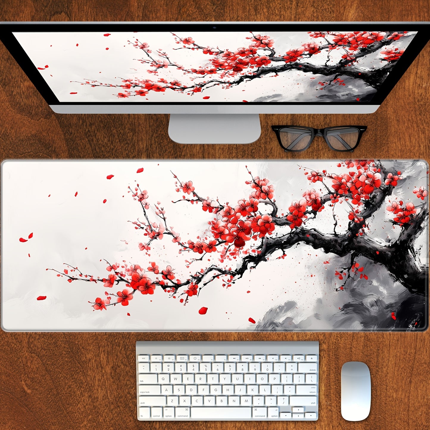 Cherry Blossom Watercolor Extended Mouse Pad 31.5x11.8" - Large Non-Slip Rubber Base, Stitched Edges, Pink Floral Design with Gray Background for Gaming & Office Use, Keyboard Pad, Large Gaming Mouse Pad, Computer Desk Mat, E