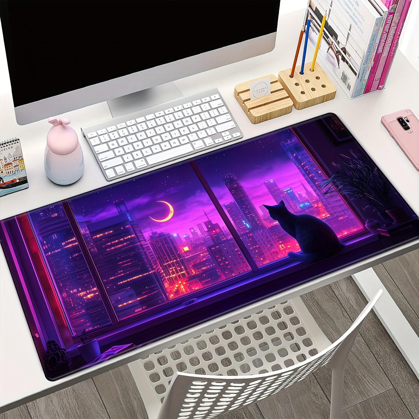 BHJLAXR Extended Gaming Mouse Pad with Cat Design, Non-Slip Rubber Base, Stitched Edges, Multi-Functional Large Desk Mat for Computer, Keyboard, and Mouse, 35. 4x15. 7 inches - Vibrant Purple
