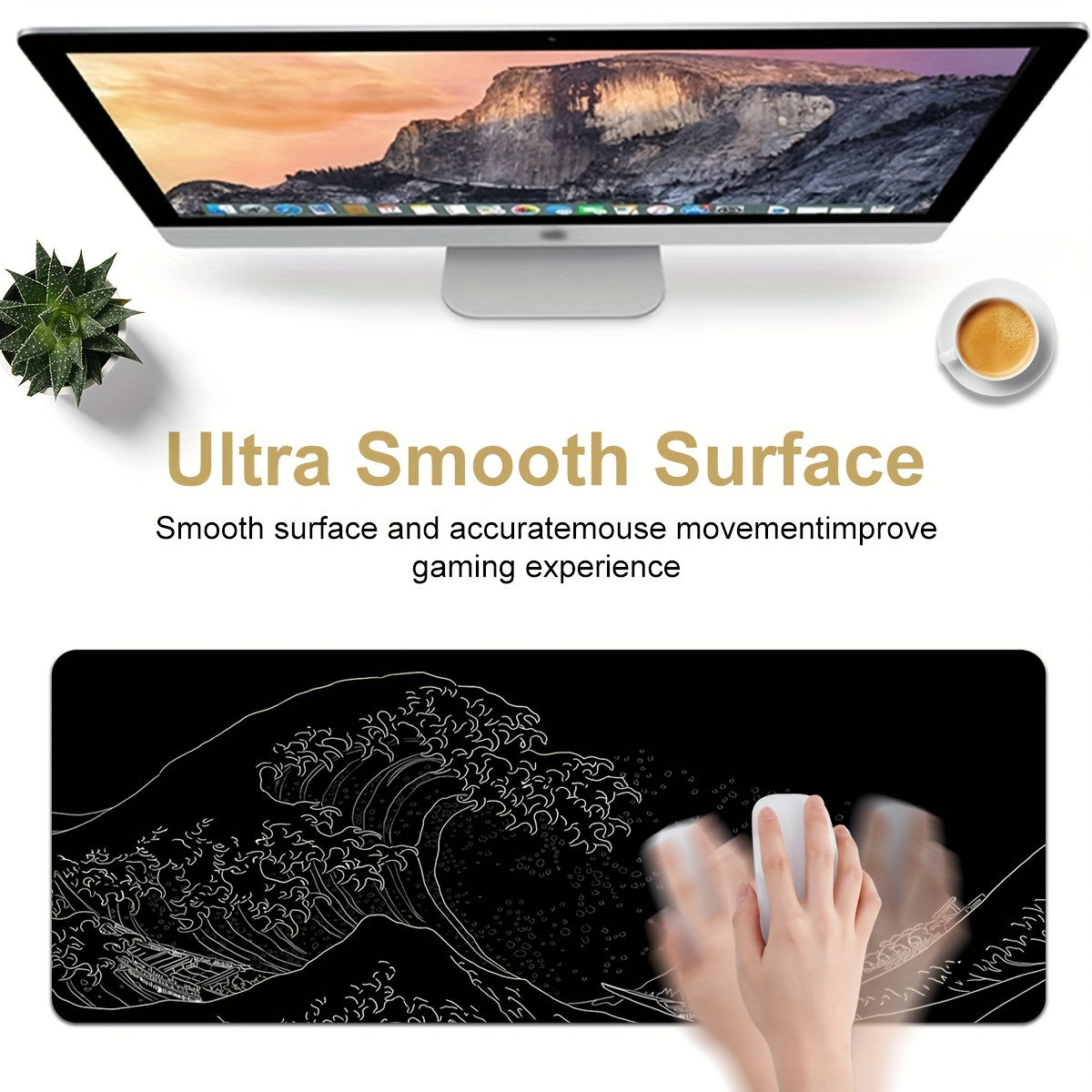 Large Gaming Mouse Pad Featuring Abstract Black And White Japanese Wave Designs, Measuring 35.4X15.7 Inches, with a Non-Slip Rubber Base And Stitched Edges, Suitable for Office And Home Gaming.