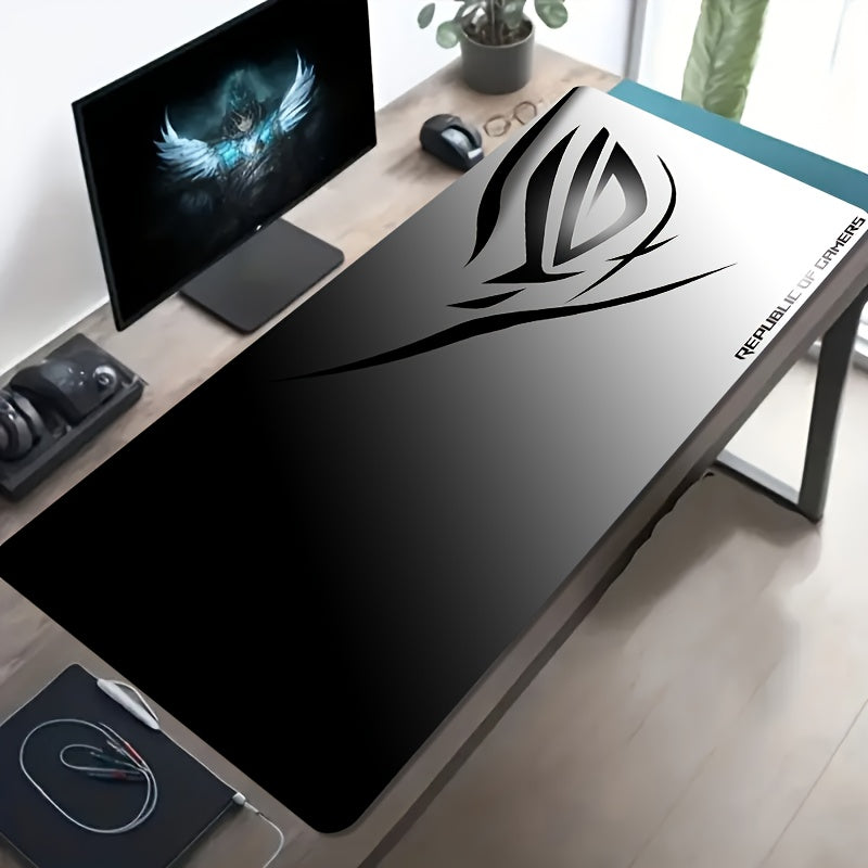 A Large Electronic Sports Gaming Mouse Pad Featuring a Black And White Gradient Eye Logo Design, with a Non-Slip, Washable Rubber Base. This Oversized Desk Mat Is Perfect for Office Use, Computer Decoration, And Desktop Embel