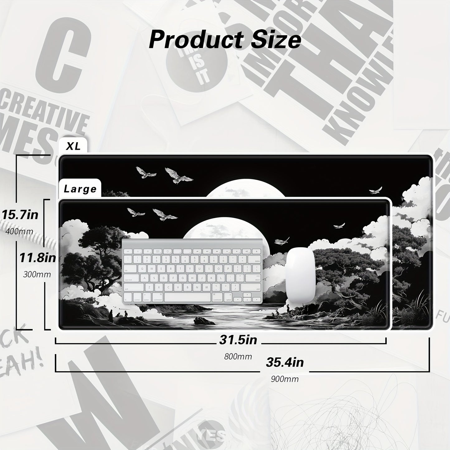 XXL Anime Moon Mountains Gaming Mouse Pad, Large Desk Mat, Non-Slip Rubber Base, Washable Keyboard and Mouse Mat with Stitched Edges, 35. 4x15. 75in, Desk Decor, Computer Mat, BHJLAXR