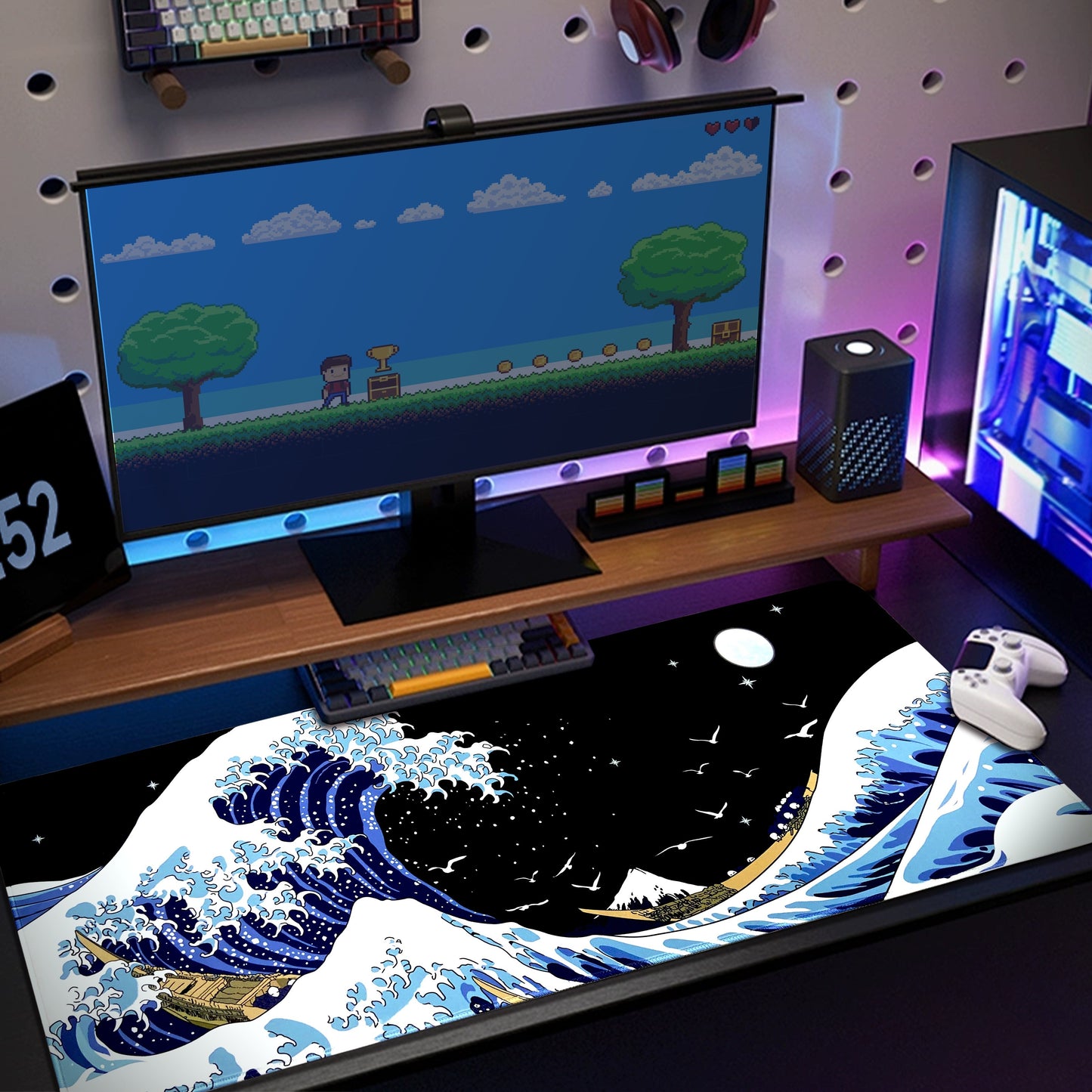Gaming Laptop Mouse Pad, Sea Wave Big Mice Pads PC Keyboard Waterproof And Non-Slip 31.5 X 11.8inches 3mm Thick XL, XXL Rubber Table Mat, Kanagawa Surfing And Black Japanese Mouse Pads