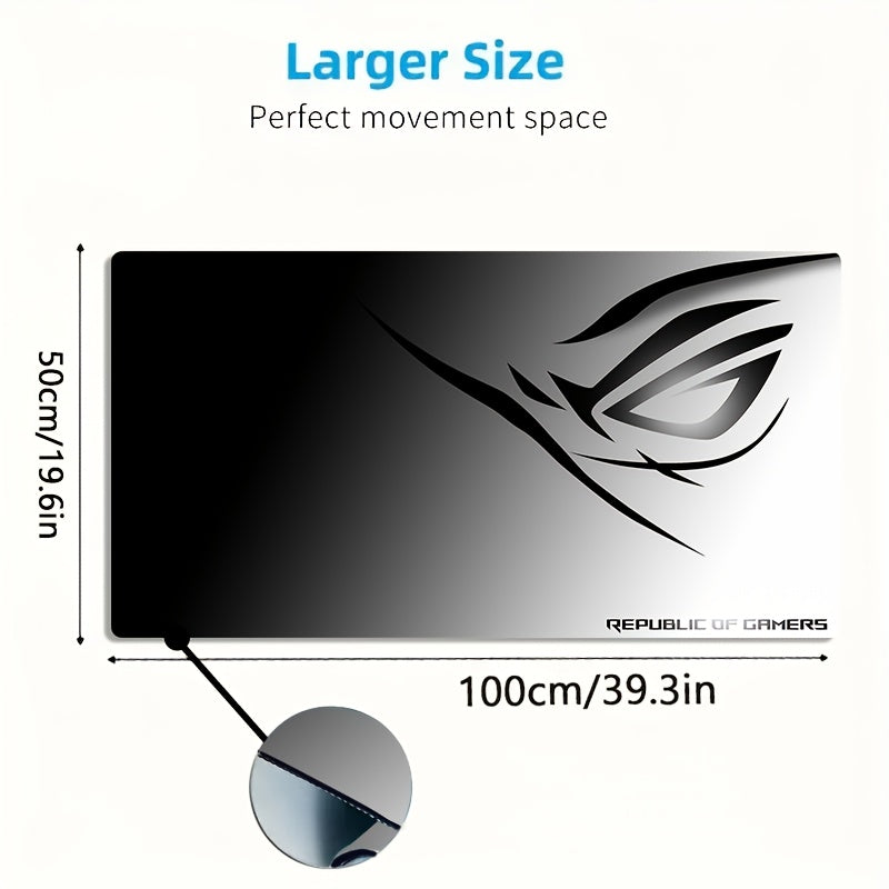 A Large Electronic Sports Gaming Mouse Pad Featuring a Black And White Gradient Eye Logo Design, with a Non-Slip, Washable Rubber Base. This Oversized Desk Mat Is Perfect for Office Use, Computer Decoration, And Desktop Embel