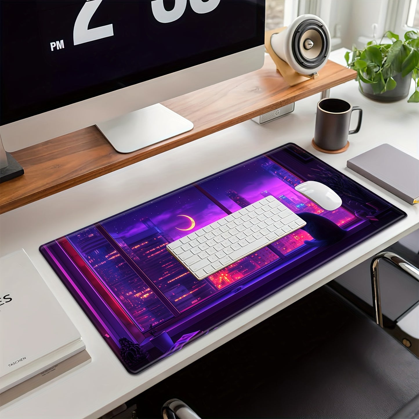 BHJLAXR Extended Gaming Mouse Pad with Cat Design, Non-Slip Rubber Base, Stitched Edges, Multi-Functional Large Desk Mat for Computer, Keyboard, and Mouse, 35. 4x15. 7 inches - Vibrant Purple