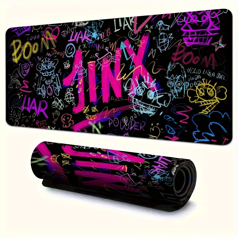 J-Jinx Large Gaming Mouse Pad - Rubber Base, Vibrant Graffiti Design with Bold Text and Fun Graphics, Desk Mat for Office, School & Home Decor. Durable Rectangular Surface Smooth Glide Workstation Accessory, Office Workspace,