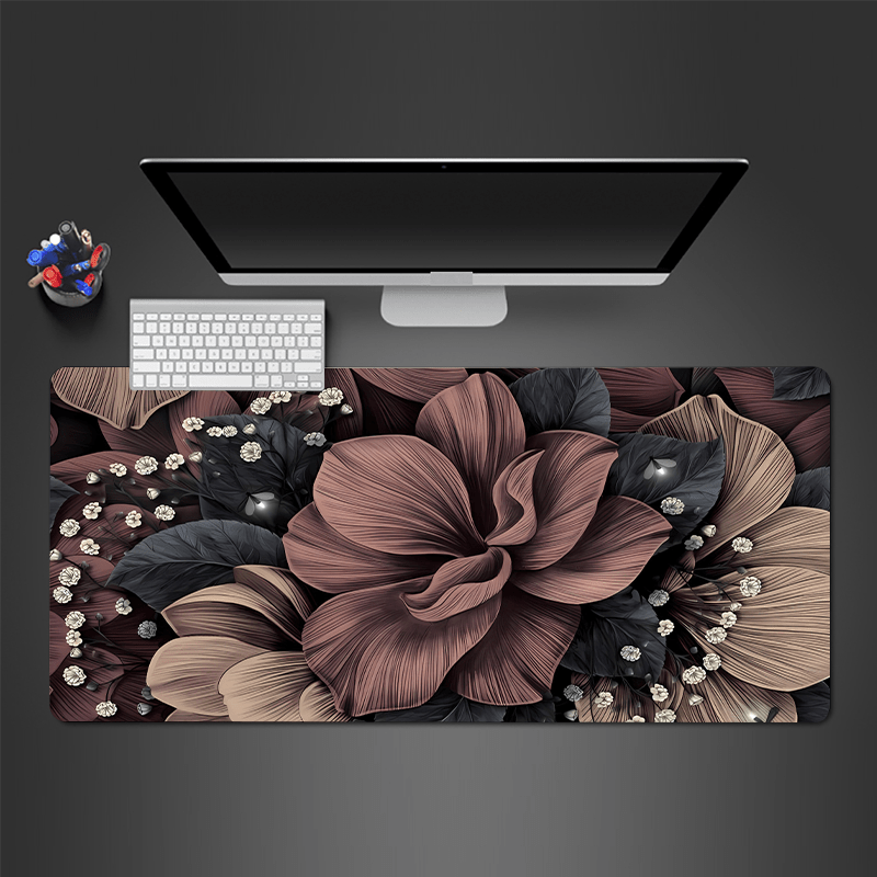 Floral Design Large Gaming Mouse Pad & Desk Mat with Non-Slip Rubber Base, Brown/Black/White/Beige Pattern for Office, Home, Laptop, Computer - Gamer Gift, Home Office Accessory, Decorative Workspace Item