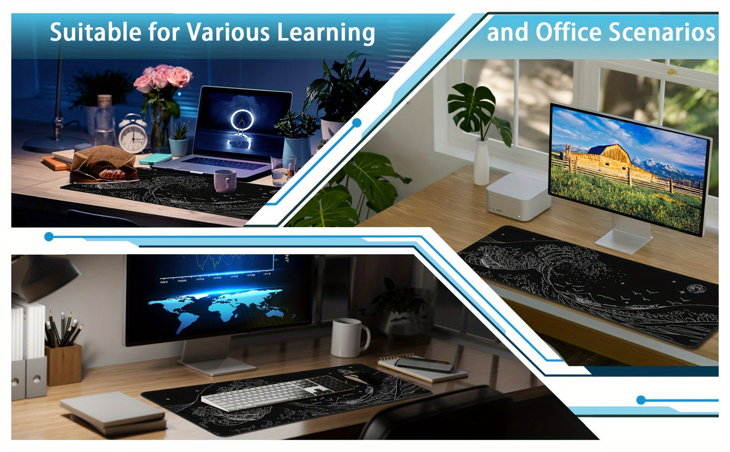 Gaming Laptop Mouse Pad, Sea Wave Big Mice Pads PC Keyboard Waterproof And Non-Slip 31.5 X 11.8inches 3mm Thick XL, XXL Rubber Table Mat, Kanagawa Surfing And Black Japanese Mouse Pads