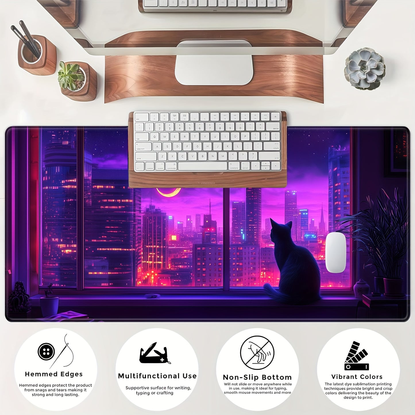 BHJLAXR Extended Gaming Mouse Pad with Cat Design, Non-Slip Rubber Base, Stitched Edges, Multi-Functional Large Desk Mat for Computer, Keyboard, and Mouse, 35. 4x15. 7 inches - Vibrant Purple