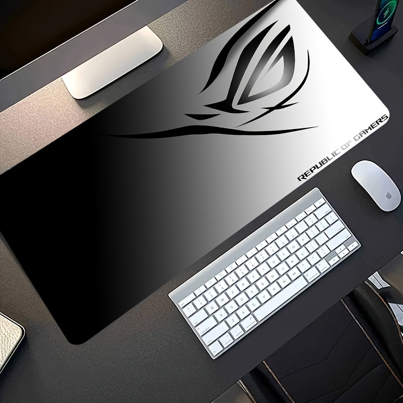 A Large Electronic Sports Gaming Mouse Pad Featuring a Black And White Gradient Eye Logo Design, with a Non-Slip, Washable Rubber Base. This Oversized Desk Mat Is Perfect for Office Use, Computer Decoration, And Desktop Embel