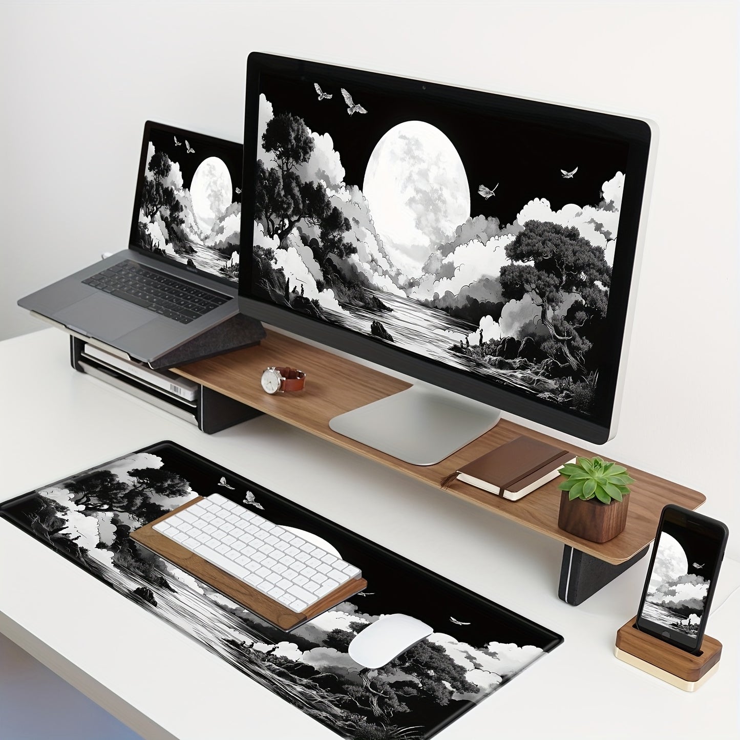 XXL Anime Moon Mountains Gaming Mouse Pad, Large Desk Mat, Non-Slip Rubber Base, Washable Keyboard and Mouse Mat with Stitched Edges, 35. 4x15. 75in, Desk Decor, Computer Mat, BHJLAXR