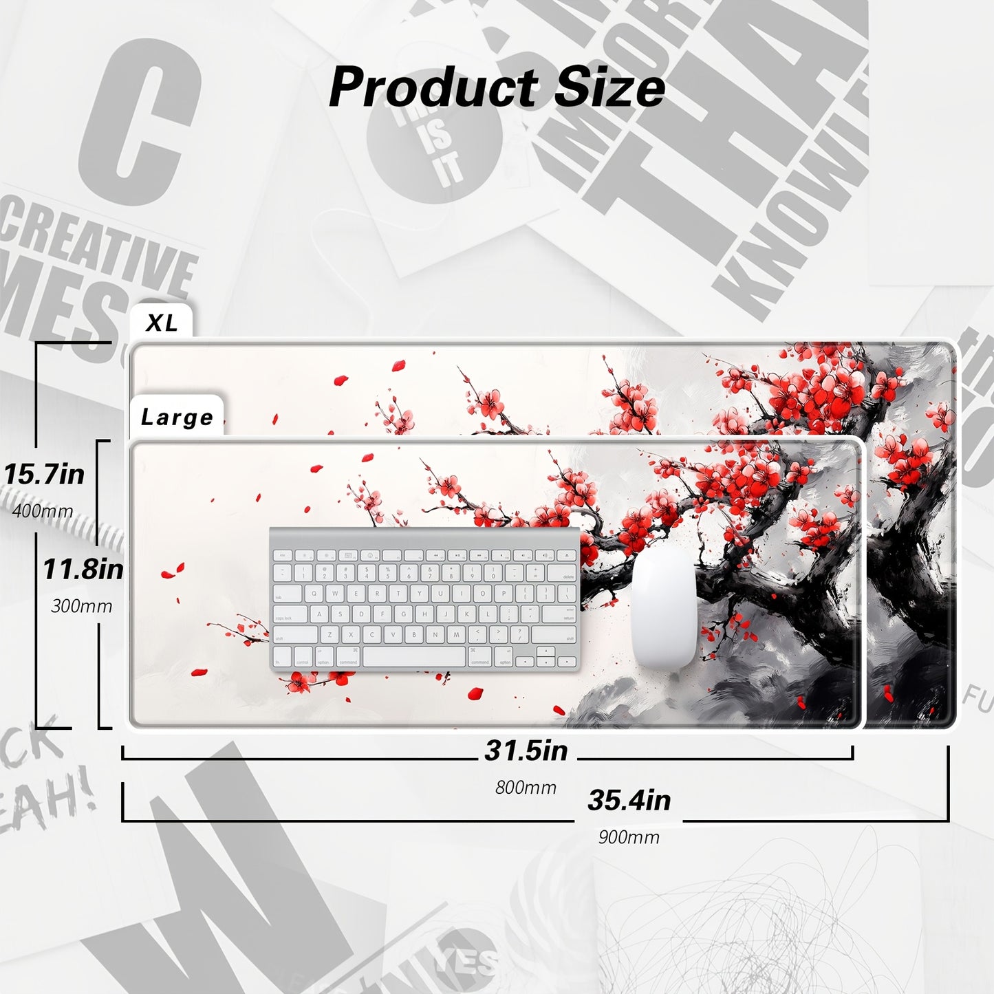 Cherry Blossom Watercolor Extended Mouse Pad 31.5x11.8" - Large Non-Slip Rubber Base, Stitched Edges, Pink Floral Design with Gray Background for Gaming & Office Use, Keyboard Pad, Large Gaming Mouse Pad, Computer Desk Mat, E