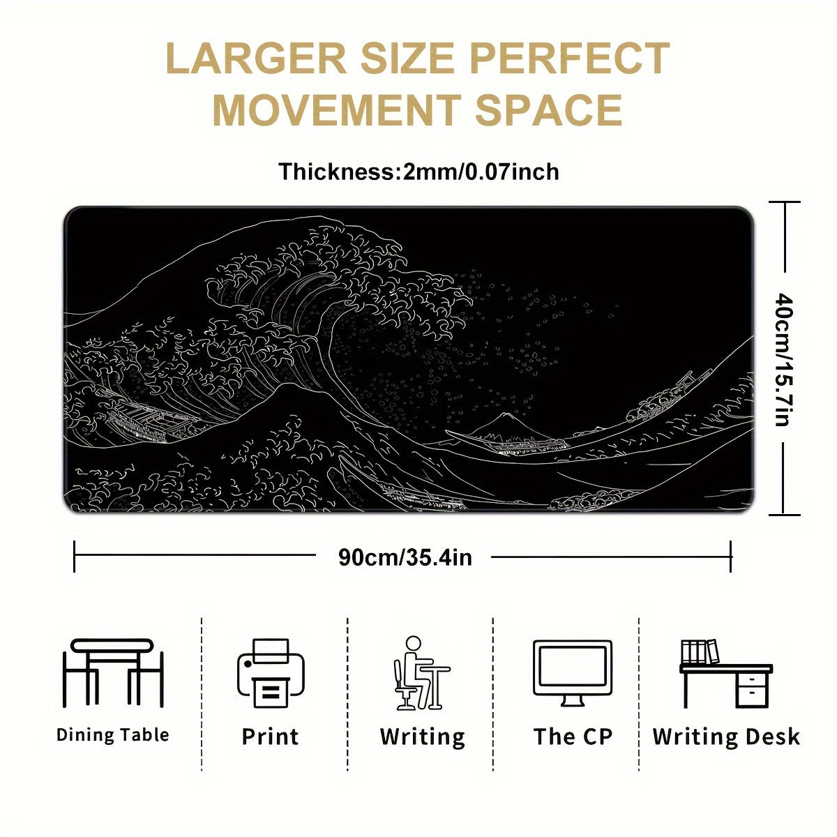 Large Gaming Mouse Pad Featuring Abstract Black And White Japanese Wave Designs, Measuring 35.4X15.7 Inches, with a Non-Slip Rubber Base And Stitched Edges, Suitable for Office And Home Gaming.