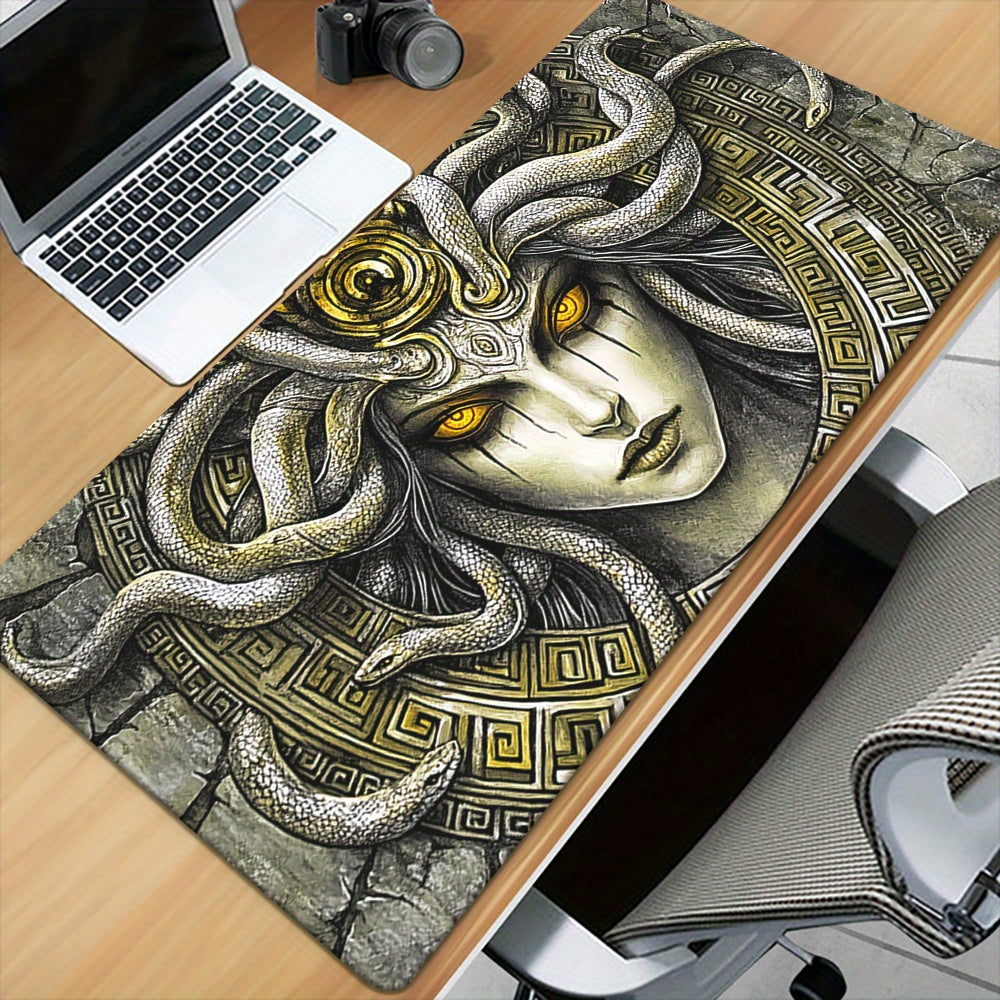 1pc Medusa Greek Mythology Gaming Mouse Pad & Desk Mat - Non-Slip Rubber Base, Smooth Surface with Greek Key & Medusa (Gorgon's Gaze) Design for PC, Laptop, Office & Computer Setup - Greek Goddess Art Accessory