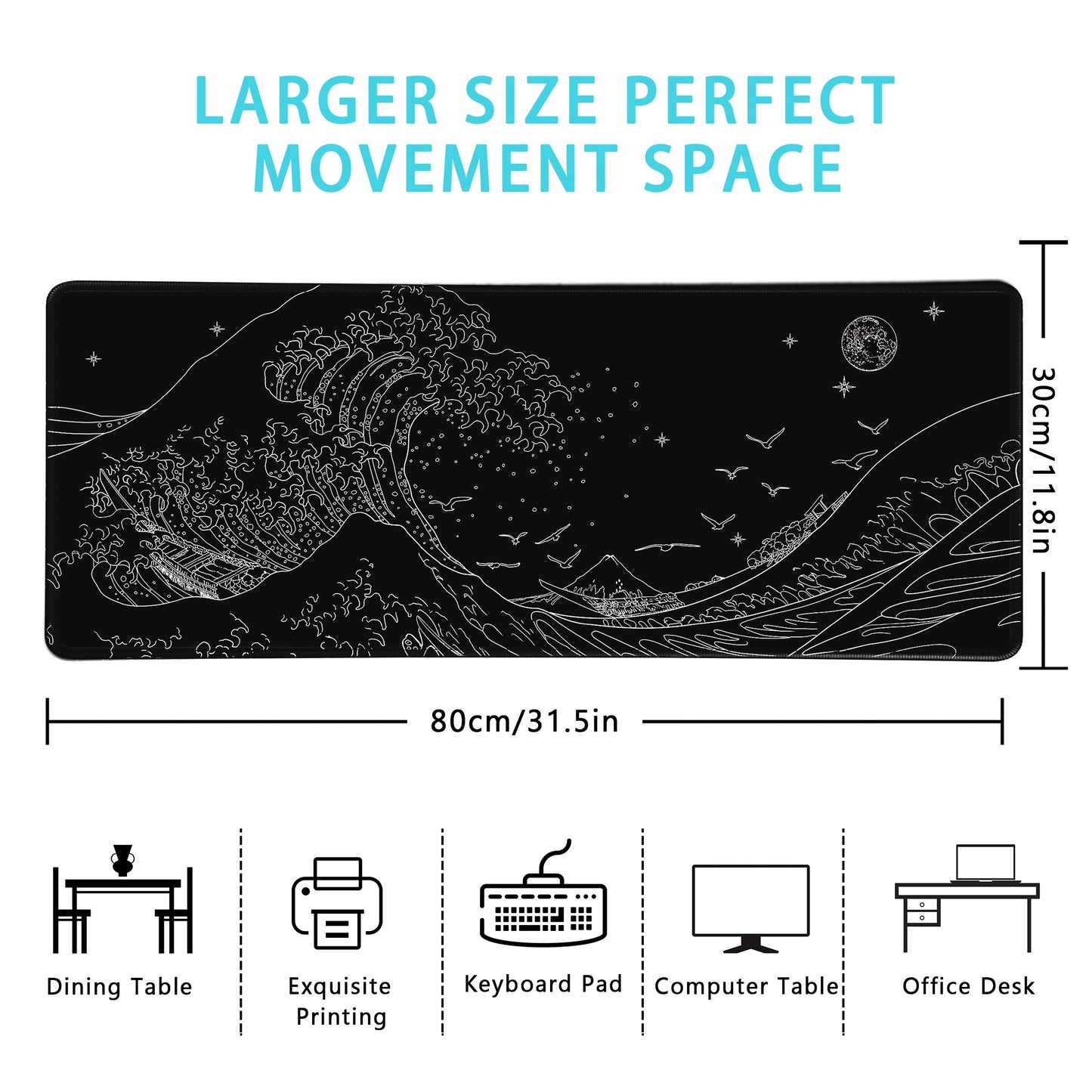Gaming Laptop Mouse Pad, Sea Wave Big Mice Pads PC Keyboard Waterproof And Non-Slip 31.5 X 11.8inches 3mm Thick XL, XXL Rubber Table Mat, Kanagawa Surfing And Black Japanese Mouse Pads