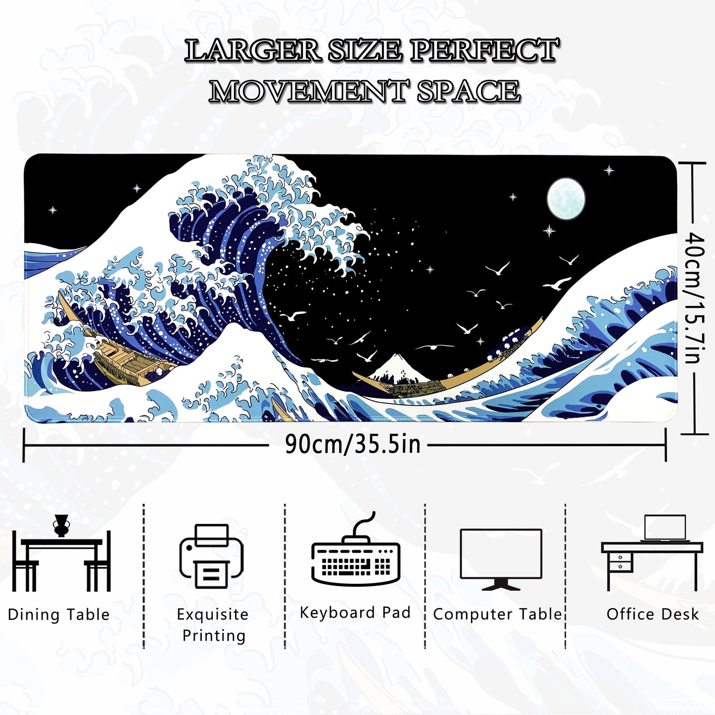 Gaming Laptop Mouse Pad, Sea Wave Big Mice Pads PC Keyboard Waterproof And Non-Slip 31.5 X 11.8inches 3mm Thick XL, XXL Rubber Table Mat, Kanagawa Surfing And Black Japanese Mouse Pads