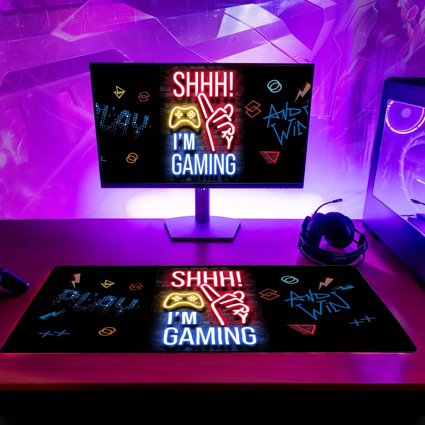 Shhh! I'm Gaming" Extended Mouse Pad - Large Gaming Desk Mat With Neon Lights Design, Anti-Slip Rubber Base, And Smooth Surface For Precise Mouse Control - Perfect For Gamers And Office Use