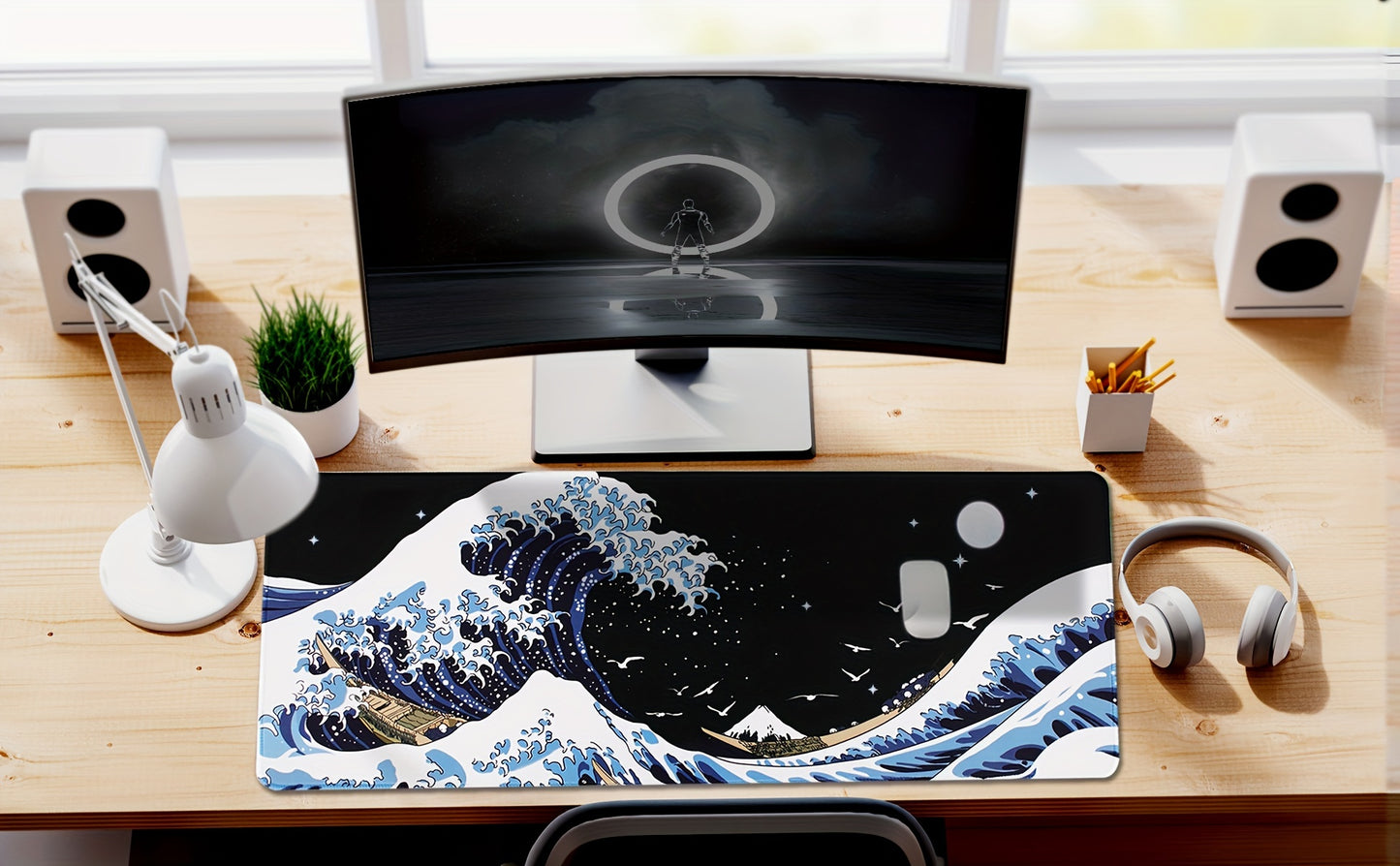 Gaming Laptop Mouse Pad, Sea Wave Big Mice Pads PC Keyboard Waterproof And Non-Slip 31.5 X 11.8inches 3mm Thick XL, XXL Rubber Table Mat, Kanagawa Surfing And Black Japanese Mouse Pads