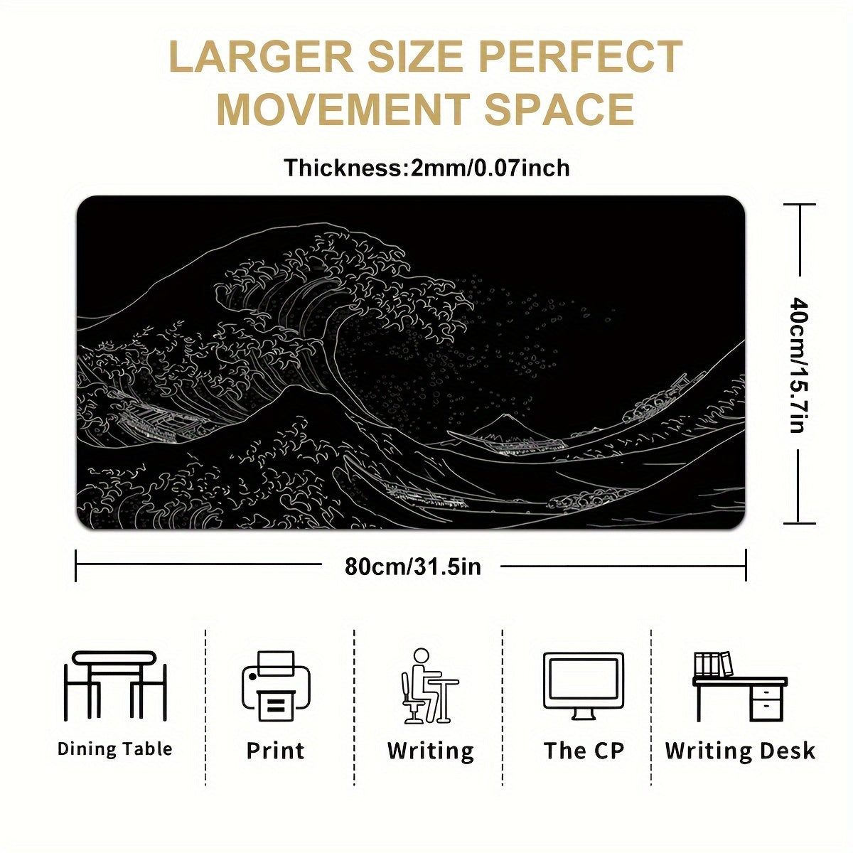 Large Gaming Mouse Pad Featuring Abstract Black And White Japanese Wave Designs, Measuring 35.4X15.7 Inches, with a Non-Slip Rubber Base And Stitched Edges, Suitable for Office And Home Gaming.