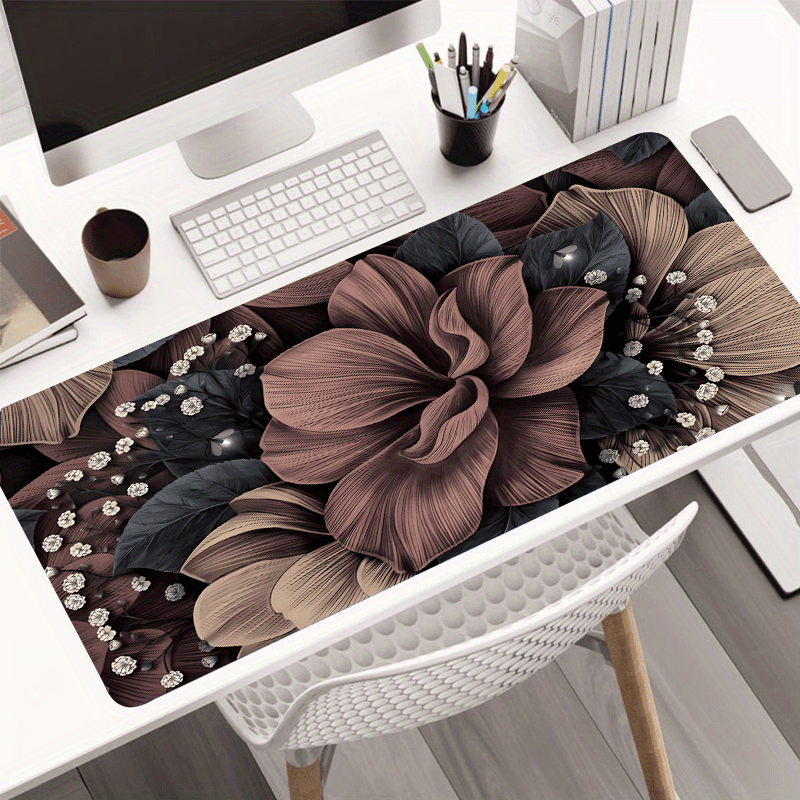 Floral Design Large Gaming Mouse Pad & Desk Mat with Non-Slip Rubber Base, Brown/Black/White/Beige Pattern for Office, Home, Laptop, Computer - Gamer Gift, Home Office Accessory, Decorative Workspace Item