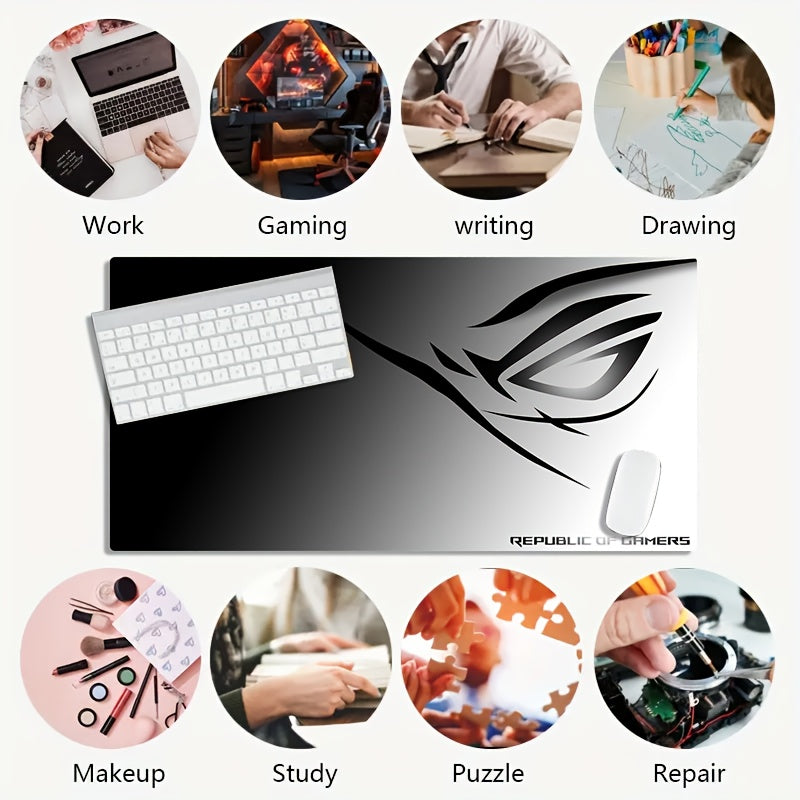 A Large Electronic Sports Gaming Mouse Pad Featuring a Black And White Gradient Eye Logo Design, with a Non-Slip, Washable Rubber Base. This Oversized Desk Mat Is Perfect for Office Use, Computer Decoration, And Desktop Embel