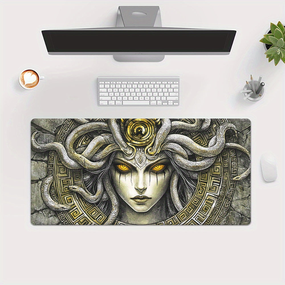 1pc Medusa Greek Mythology Gaming Mouse Pad & Desk Mat - Non-Slip Rubber Base, Smooth Surface with Greek Key & Medusa (Gorgon's Gaze) Design for PC, Laptop, Office & Computer Setup - Greek Goddess Art Accessory
