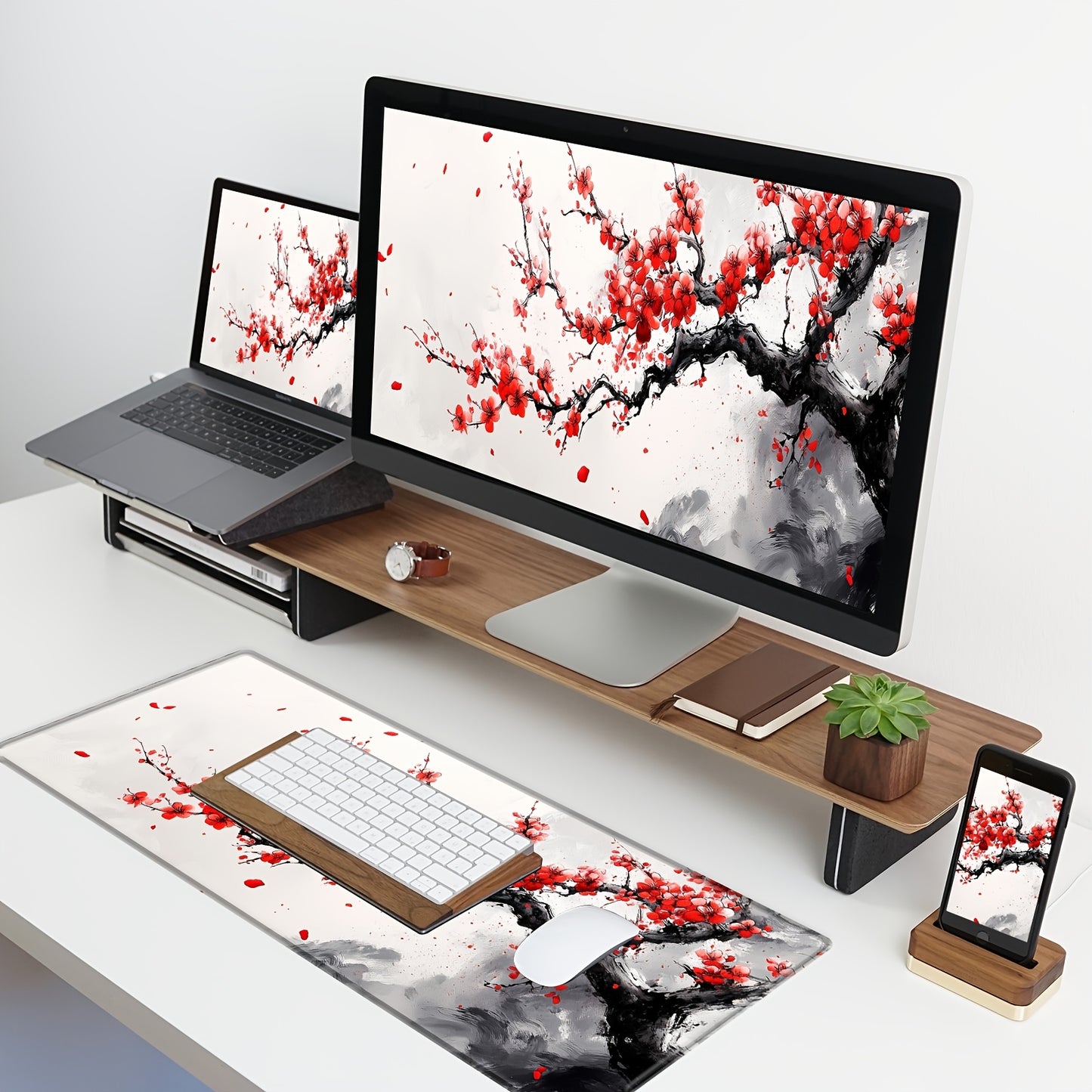 Cherry Blossom Watercolor Extended Mouse Pad 31.5x11.8" - Large Non-Slip Rubber Base, Stitched Edges, Pink Floral Design with Gray Background for Gaming & Office Use, Keyboard Pad, Large Gaming Mouse Pad, Computer Desk Mat, E