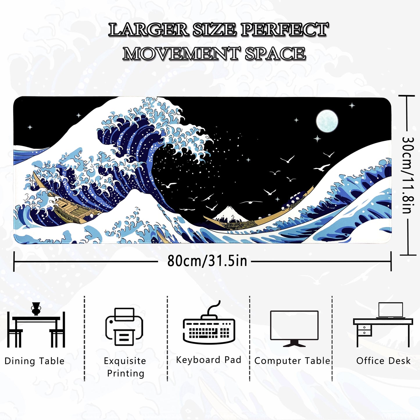 Gaming Laptop Mouse Pad, Sea Wave Big Mice Pads PC Keyboard Waterproof And Non-Slip 31.5 X 11.8inches 3mm Thick XL, XXL Rubber Table Mat, Kanagawa Surfing And Black Japanese Mouse Pads