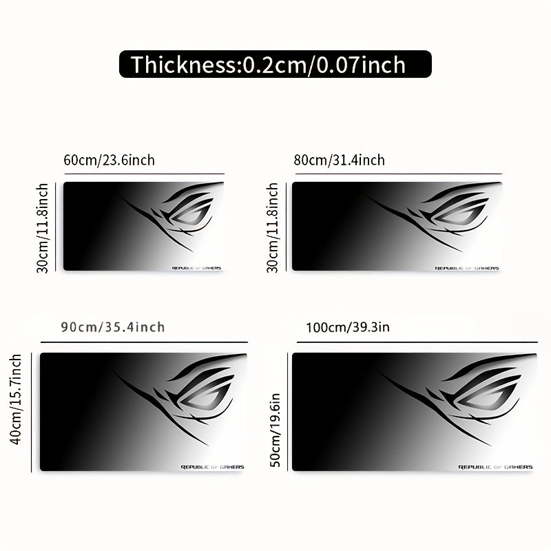 A Large Electronic Sports Gaming Mouse Pad Featuring a Black And White Gradient Eye Logo Design, with a Non-Slip, Washable Rubber Base. This Oversized Desk Mat Is Perfect for Office Use, Computer Decoration, And Desktop Embel