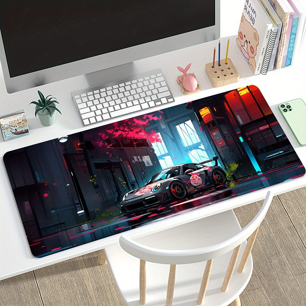 A Mouse Pad With A Drawing Of A Racing Car For Anime Games, An Anti-slip Desk Pad, And A Writing Pad.