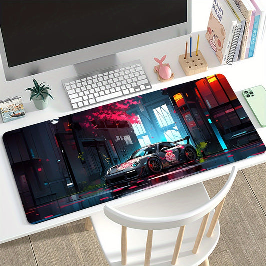 A Mouse Pad With A Drawing Of A Racing Car For Anime Games, An Anti-slip Desk Pad, And A Writing Pad.