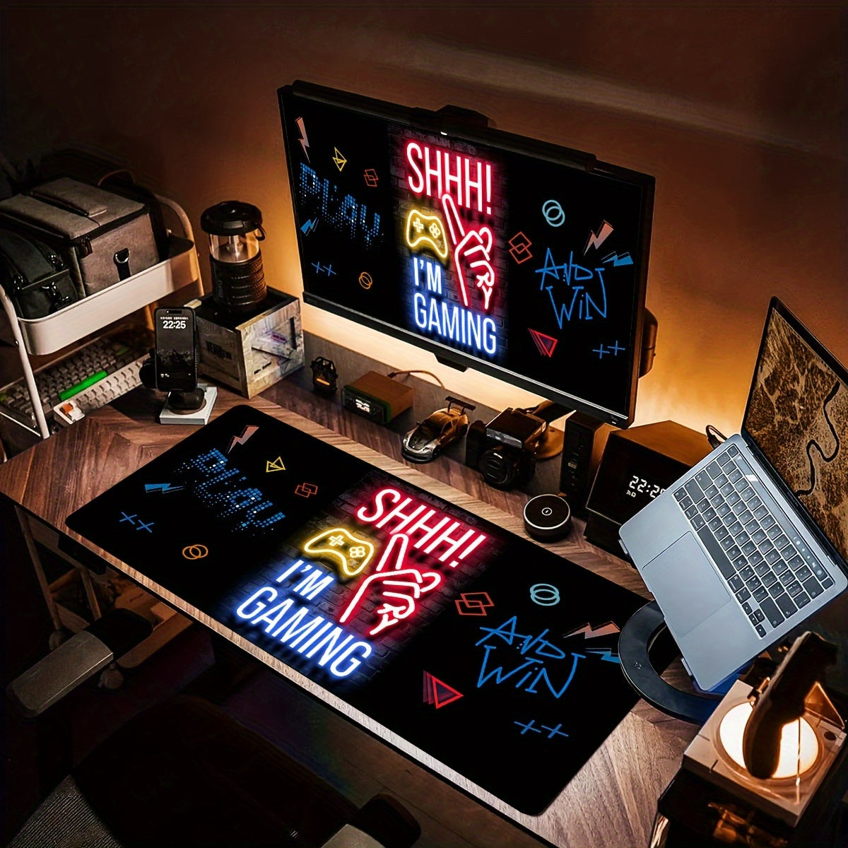 Shhh! I'm Gaming" Extended Mouse Pad - Large Gaming Desk Mat With Neon Lights Design, Anti-Slip Rubber Base, And Smooth Surface For Precise Mouse Control - Perfect For Gamers And Office Use