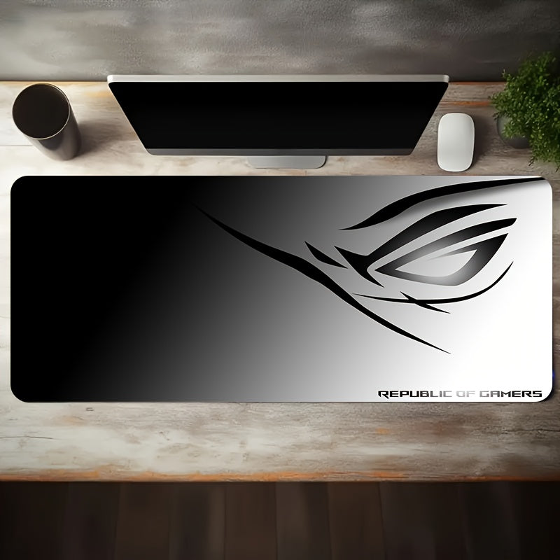 A Large Electronic Sports Gaming Mouse Pad Featuring a Black And White Gradient Eye Logo Design, with a Non-Slip, Washable Rubber Base. This Oversized Desk Mat Is Perfect for Office Use, Computer Decoration, And Desktop Embel