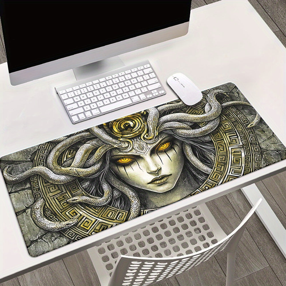 1pc Medusa Greek Mythology Gaming Mouse Pad & Desk Mat - Non-Slip Rubber Base, Smooth Surface with Greek Key & Medusa (Gorgon's Gaze) Design for PC, Laptop, Office & Computer Setup - Greek Goddess Art Accessory