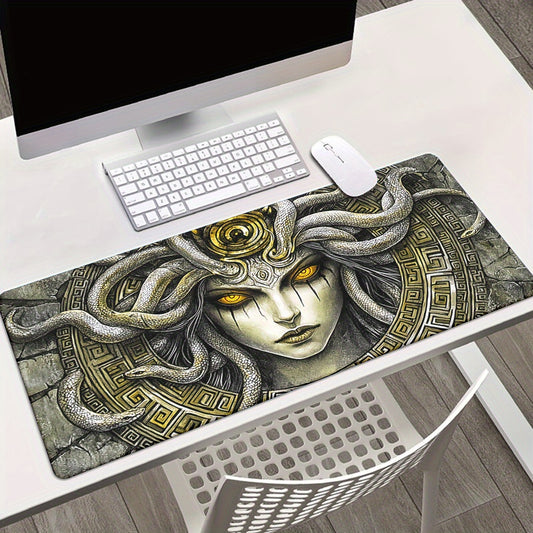 1pc Medusa Greek Mythology Gaming Mouse Pad & Desk Mat - Non-Slip Rubber Base, Smooth Surface with Greek Key & Medusa (Gorgon's Gaze) Design for PC, Laptop, Office & Computer Setup - Greek Goddess Art Accessory