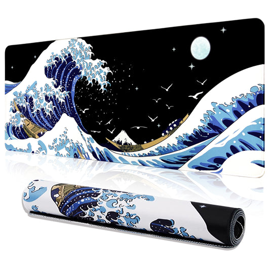 Gaming Laptop Mouse Pad, Sea Wave Big Mice Pads PC Keyboard Waterproof And Non-Slip 31.5 X 11.8inches 3mm Thick XL, XXL Rubber Table Mat, Kanagawa Surfing And Black Japanese Mouse Pads