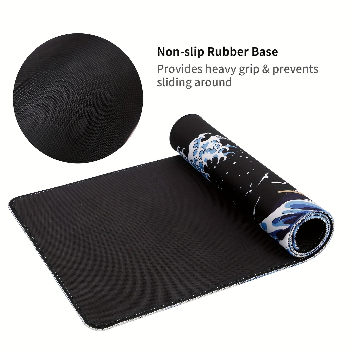 Gaming Laptop Mouse Pad, Sea Wave Big Mice Pads PC Keyboard Waterproof And Non-Slip 31.5 X 11.8inches 3mm Thick XL, XXL Rubber Table Mat, Kanagawa Surfing And Black Japanese Mouse Pads
