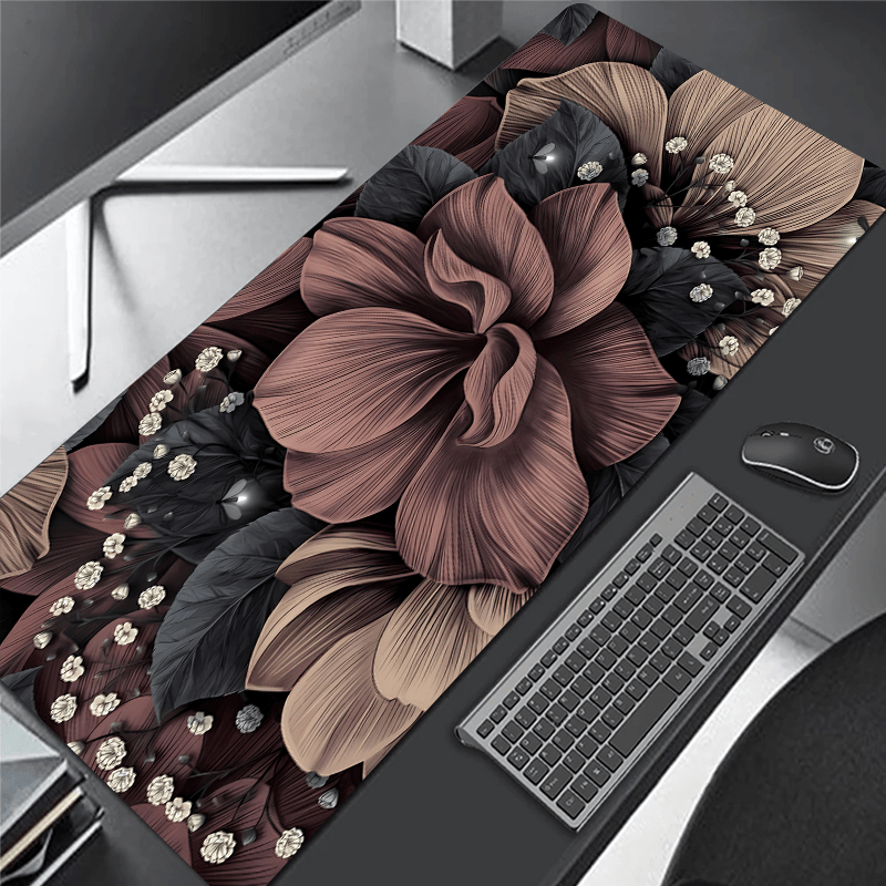 Floral Design Large Gaming Mouse Pad & Desk Mat with Non-Slip Rubber Base, Brown/Black/White/Beige Pattern for Office, Home, Laptop, Computer - Gamer Gift, Home Office Accessory, Decorative Workspace Item