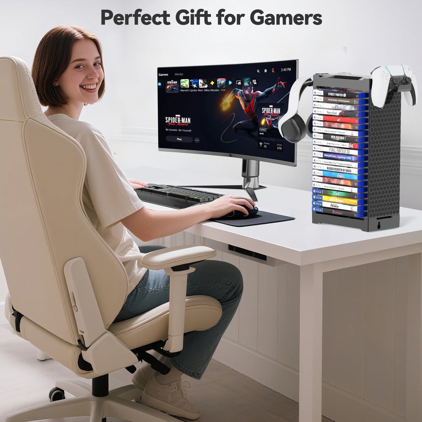 Video Game Storage Tower Holder with Controller Stand Wall Mount Game Organizers Vertical & Horizontal Stand for 20 Gaming Discs