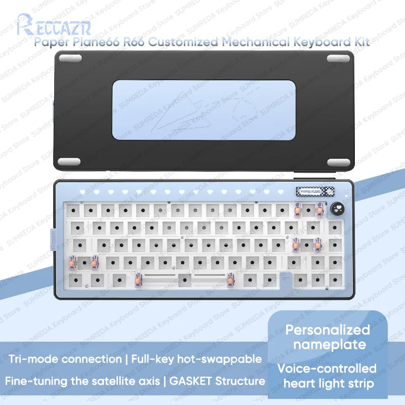 RECCAZR Paper Plane66 R66 Mechanical Keyboard Kit Aluminum RGB Gasket Structure Hot Swap with Control Knob Tri-mode Keyboard