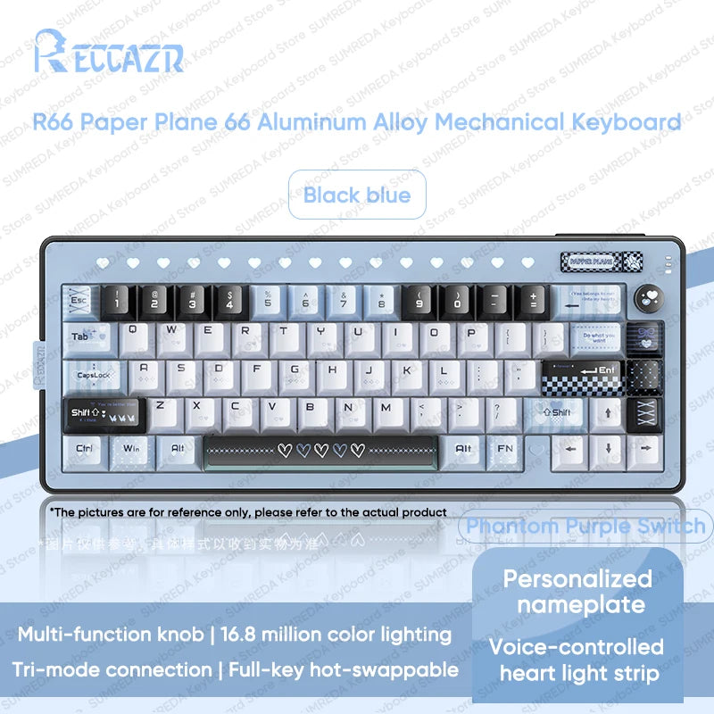 RECCAZR Paper Plane66 R66 Mechanical Keyboard Kit Aluminum RGB Gasket Structure Hot Swap with Control Knob Tri-mode Keyboard