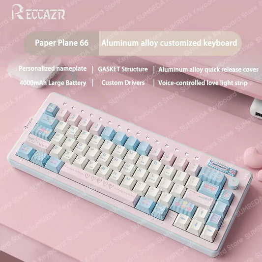 RECCAZR Paper Plane66 R66 Mechanical Keyboard Kit Aluminum RGB Gasket Structure Hot Swap with Control Knob Tri-mode Keyboard