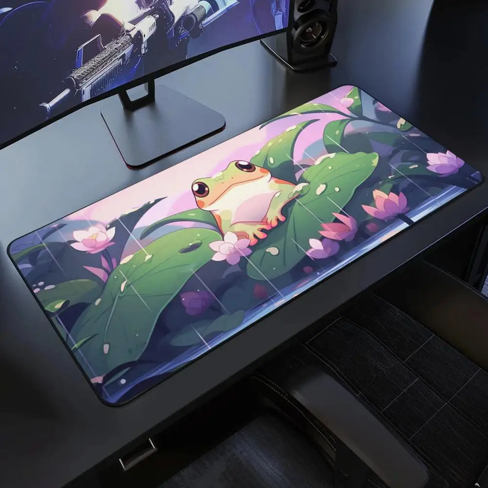 Kawaii frogs Desk Mat Large Gaming Mousepad Xxl Cute Mouse Pad Anime Aesthetic Cozi Lofi Plant Nature Green Extended Deskmat