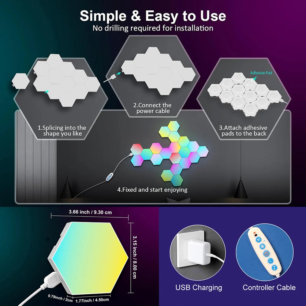 Smart Hexagonal Wall Lamp Color Change Ambient Night Light DIY Shape Music Sync MeRGBW APP Gaming RGB Hexagon LED Lights Bedroom