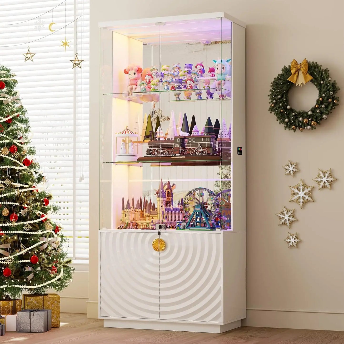 71” Glass Display Cabinet with Lights, Modern Curio Cabinet Display Cases for Collectibles, Locking Cabinet with, Customized